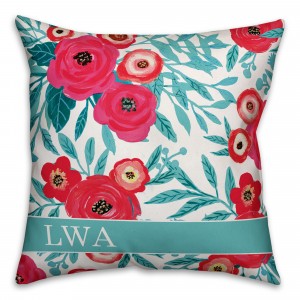 Pink and Teal Painted Florals 18x18 Personalized Indoor / Outdoor Pillow