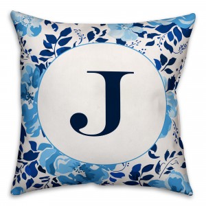 White and Blue Floral Monogram 18x18 Personalized Indoor / Outdoor Pillow
