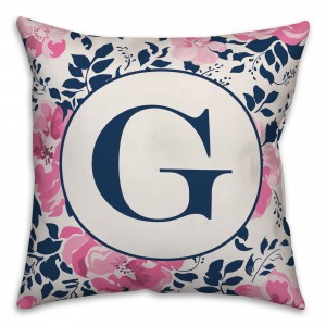 Navy Florals Monogram 18x18 Personalized Indoor / Outdoor Pillow