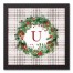 Holiday Gray Plaid Monogram Wreath U 12x12 Black Framed Canvas