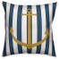 Nautical Gold Anchor Blue Striped  Outdoor Coastal Throw Pillow